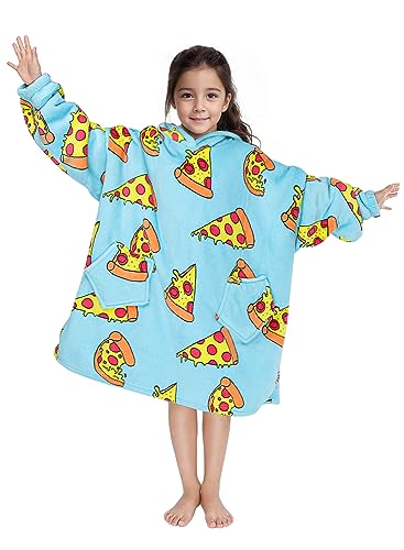 Oversized Hoodie Blanket, Printed Wearable Blanket Sweatshirt Sherpa TV Blanket (Blue Pizza-Child)