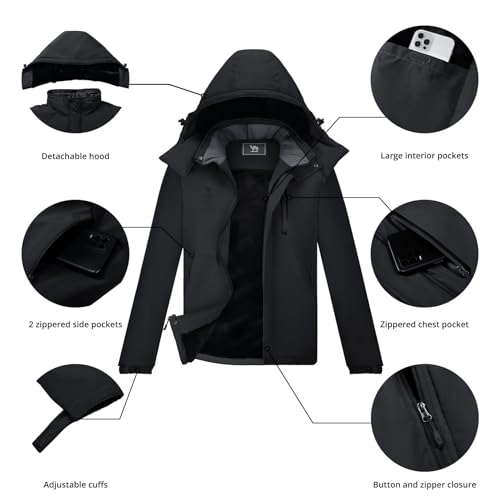 CAMEL Men's Winter Ski Jackets Waterproof Snow Coat with Hood Mountain Windproof Rain Jacket, Black, X-Large