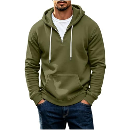 Mens Quarter Zip Hoodie Casual Plain Long Sleeve Athletic Sweater