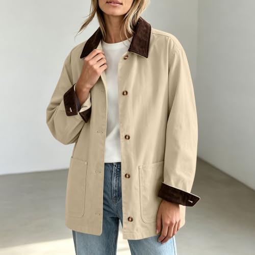 Womens Jackets Trendy 2026 Fall Jackets for Women Corduroy Collar Rollable Contrast Cuffs Travel Coat Button Front Winter Workwear With Pocket Khaki Large