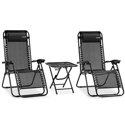 SereneLife 3 PCS Lounge Chair Set, Zero Gravity Reclining Outdoor Lounge Chairs with Side Table, Adjustable Patio Beach Chairs with Removable Headrest, Black