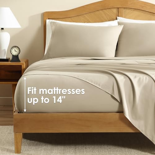 ClevaHome Queen Size Sheets, 4-Piece 14'' Deep Pocket Sheets, Sandy Beige
