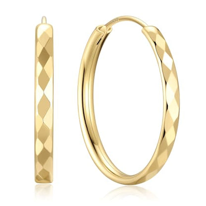 ChicSilver 14k Gold Plated Hoop Earrings for Women, 14k Gold Plated 925 Silver Hoop Earrings, Lightweight Diamond-cut Endless Huggie Earrings 30MM