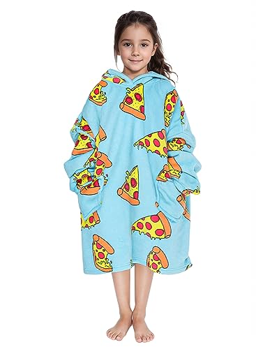 Oversized Hoodie Blanket, Printed Wearable Blanket Sweatshirt Sherpa TV Blanket (Blue Pizza-Child)