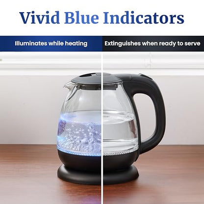 Elite Gourmet EKT1001 Electric BPA-Free Glass Kettle, Cordless 360° Base, Stylish Blue LED Interior, Handy Auto Shut-Off Function – Quickly Boil Water For Tea & More, Black, 1L