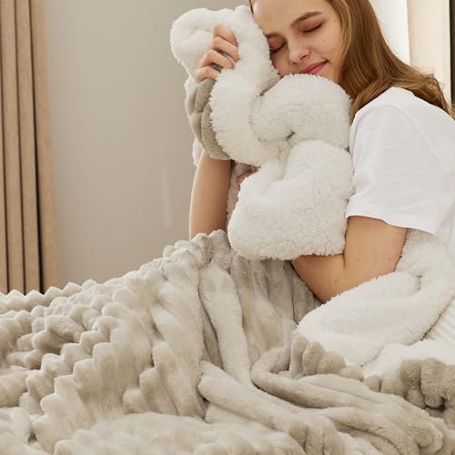 Bedsure Sherpa Throw Blanket for Couch - Super Soft, Cozy Fleece Thick Warm Blanket for Winter, GentleSoft Plush & Fluffy Christmas Throw Gift for Women, Room Decor, Beige, 50x60 Inches