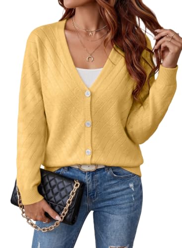EVALESS Long Sleeve Cardigan Sweaters for Women Dressy Soft Tops Yellow S
