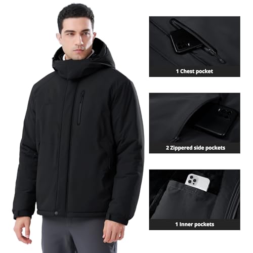 CAMEL Men's Winter Ski Jackets Waterproof Snow Coat with Hood Mountain Windproof Rain Jacket, Black, X-Large