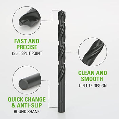 Greenworks 21 Pcs Black Oxide Drilling Bit Set,135 Degree Split Point, Black Oxide Coated, for Plastic, Wood and Metal