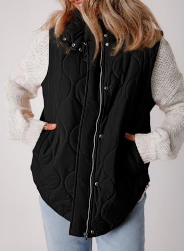 EVALESS Casual Cropped Black Puffer Vest Women Lightweight Quilted Stand Collar Sleeveless Jackets Fall 2026 Button Zip Up Warm Coat Outerwear with Pockets Small