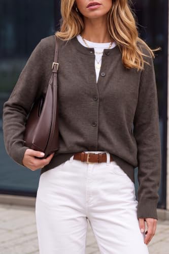 Arach&Cloz Women's Wool Blend Fall Cardigan Sweaters Crewneck Tops Coffee L