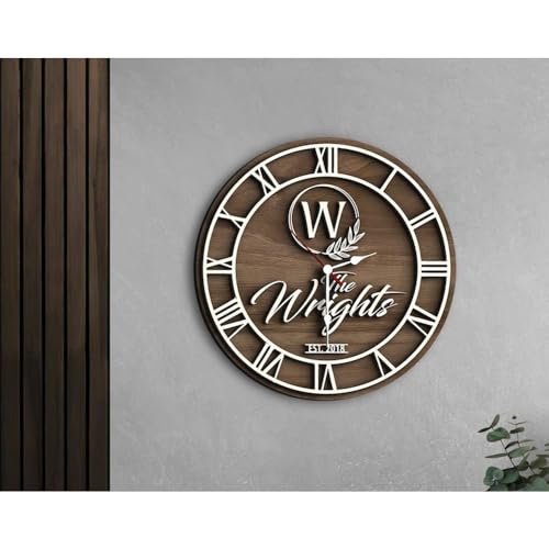 Personalized Vintage Wooden Texture Wall Clock- Custom Name Letter Round Clock, Customized Family Clock for Kitchen Living Room Bathroom Christmas Housewarming Gifts (Custom text clock) (Wall Clock A)