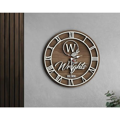 Personalized Vintage Wooden Texture Wall Clock- Custom Name Letter Round Clock, Customized Family Clock for Kitchen Living Room Bathroom Christmas Housewarming Gifts (Custom text clock) (Wall Clock A)