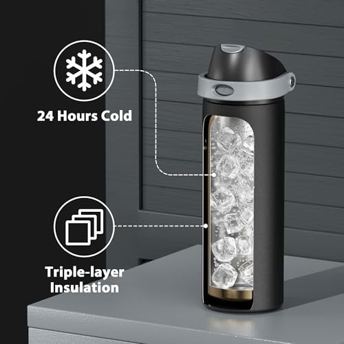 24 oz Insulated Water Bottle for Sports: Meoky Stainless Steel Water Bottle with 2-in-1 Straw and Spout Lid - Leak Proof, Cold for 24 Hours, Fits in Car Cup Holder, BPA-Free for Travel Gym, Night