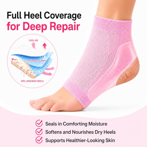 Moisturizing Socks Women, Heel Socks for Dry Cracked Feet, 100% Cotton Gel Socks for Overnight Hydration – Deep Moisturizing Foot Socks with Rose, Jojoba & Olive Oils, Pink, 2 Pairs