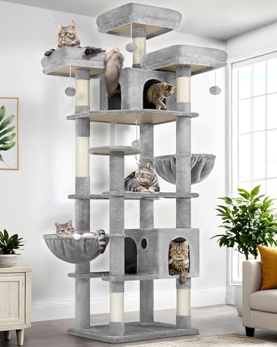 Globlazer Cat Trees and Towers for Multiple Adult Cats, 82-inch XXL Tall Cat Tree Tower for Indoor Cats with Scratching Post, 3 Perches, 2 Hanging Baskets, 2 Condos, Light Grey, F82