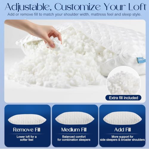 Side Sleeper Pillows for Neck & Shoulder Comfort - Curved Crescent Design, Adjustable Shredded Memory Foam, Cooling & Soft Cover, Extra Fill Included, Queen Size Set of 2