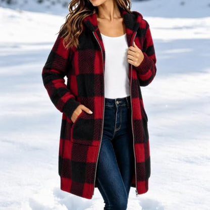 Plaid Sherpa Jacket Women Hooded Zip up Fall Coats Mid Long Outwear