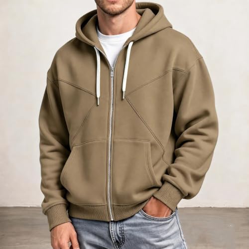 Mens Hoodies Fleece Lined Full Zip Jackets Fall Winter Sweatshirt Khaki