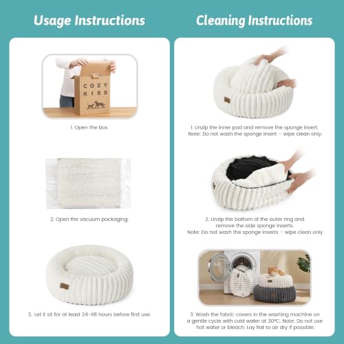 COZY KISS Donut Small Cat Bed for Indoor Cat, Kitten Bed Calming 50cm Cream