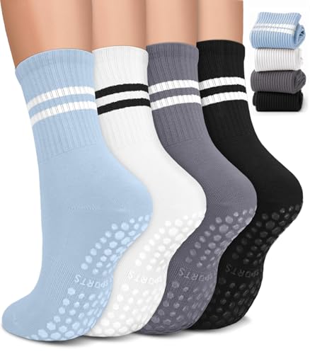 DHSO Pilates Socks with Grips for Women, Non Slip Yoga Cotton Crew Socks
