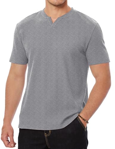 TUREFACE Men's V-Neck Short Sleeve Henley T-Shirts Grey Summer Casual Waffle Textured Pullover Tees