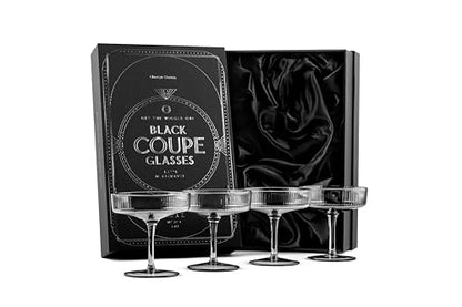 Vintage Art Deco Smoke Black Coupe Glasses | Set of 4 | 7 oz Ribbed Cocktail Glassware for Drinking Champagne, Martini, Cosmopolitan, Manhattan | Crystal Speakeasy Style Saucers