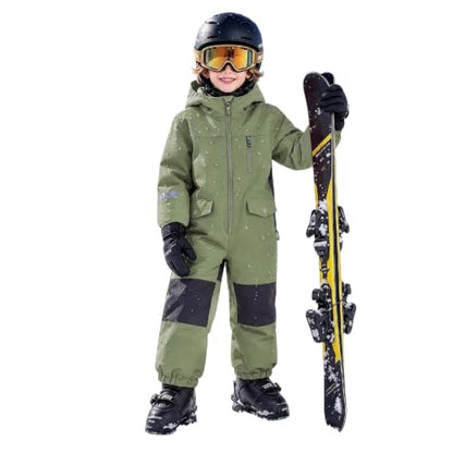 Kids Snow Pants Boys One Piece Ski Suit Waterproof Windproof Padded Snow Suits Kid Girls Winter Outdoor Warm Hooded Snowboard Jumpsuit Army Green 14-15 years