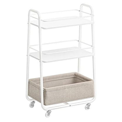 VASAGLE LILEA Collection - Storage Cart with Fabric Basket, 3-Tier Rolling Utility Cart with Wheels and Shelves, for Living Room Bedroom Kitchen, Cloud White and Camel Brown ULRC001WB01