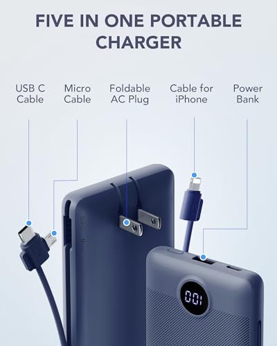 Portable Charger with Built-in Cables & AC Wall Plug, Slim Power Bank