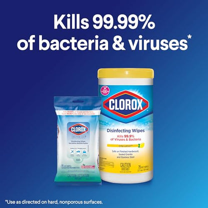 Clorox On-The-Go Disinfecting Wipes, Fresh Meadow, 15 Count, Multi-Pack of 12 Sachets