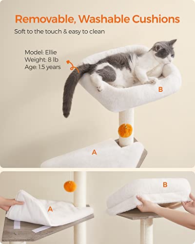 Feandrea Cat Tree with Litter Box Enclosure, 2-in-1 Modern Cat Tower for Indoor Cats, 52.8-Inch Cat Condo with Self Groomer, Scratching Posts, Washable Cushions, Greige UPCT115G01