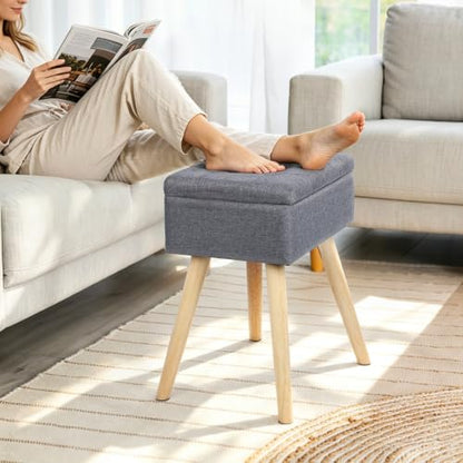 Vanity Stool with Storage, Vanity Chair with Solid Wood Legs, Grey