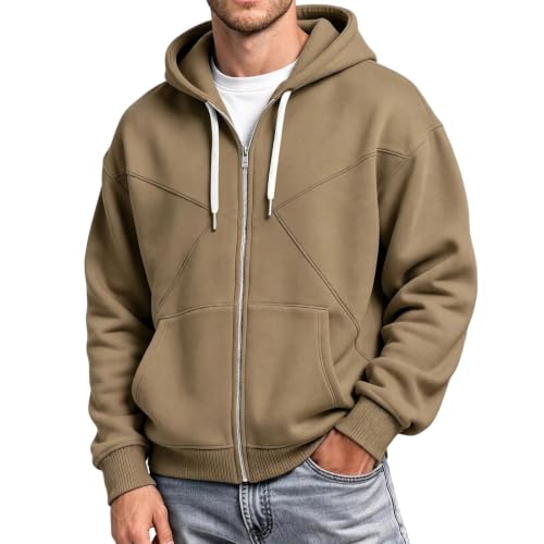 Mens Hoodies Fleece Lined Full Zip Jackets Fall Winter Sweatshirt Khaki