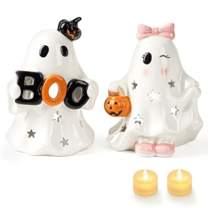 AELS Ceramic Ghost Candle Holder Set of 2, Cute Boo Ghost Tea Light Holders with Pumpkin, Spooky Tabletop Halloween Decorations for Home Party Decor, Figurines, White