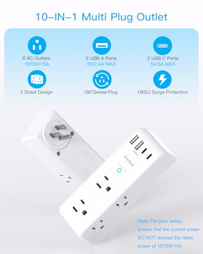 Surge Protector Outlet Extender Power Bar 6 AC with 4 USB Rotating Plug