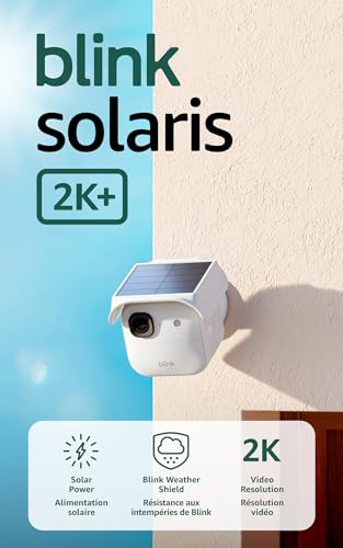Blink Solaris 2K+ (newest model) — Solar-powered battery smart security camera, wireless fixed solar panel, 2K video, Sync Module Included — 3 Camera System (White)
