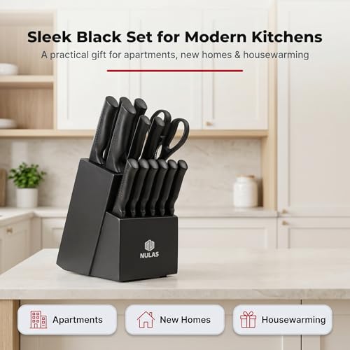 Knife Set, 15 Piece Kitchen Set with Block, Self Sharpening, Dishwasher Safe, 6 Steak Knives, Anti-Slip Handle, Black