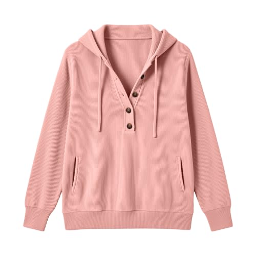 Women's Corduroy Hoodies Long Sleeve Half Button Oversized Sweatshirts Pink