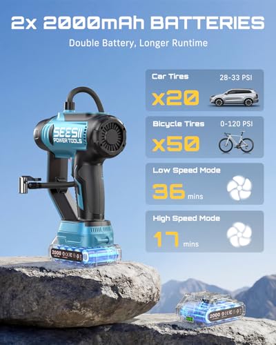 SEESII 2-in-1 Tire Inflator & Car Vacuum with 2×2000mAh Batteries