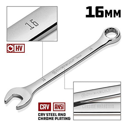 Powerbuilt 16mm Combination Wrench, Metric 12 Point Double Ended Box and Open End, 15 Degree Offset - 644120