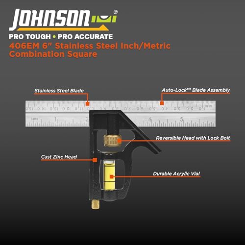 Johnson Level & Tool 406EM Professional Inch/Metric Combination Square, 6", Silver, 1 Square