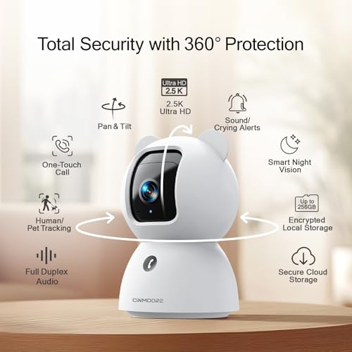 CINMOORE 2.5K Pet Camera, Indoor Security Cam, Free AI Pet/Person/Cry Detection, Dog/Cat/Baby Monitor Pan Tilt 2.4GHz WiFi, Night Vision, Full Duplex Audio Caméra Surveillance Intérieur