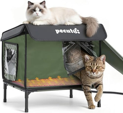 Pecute Heated Outdoor Cat House, Weatherproof Insulated Shelter | 6-layer insulation, 2 Exits, Reinforced Metal Frame, Adjustable Canopy, Washable Pad, For Feral Cats, Porch, Barn, Winter