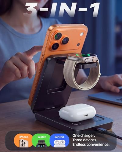 Wireless Phone Charger 15W magnetic Station charging iPhone Watch Earbuds | 3-in-1 15W Qi magnetic charging; fits MagSafe-ready Phones; foldable; LED indicator; for Watch & Earbuds