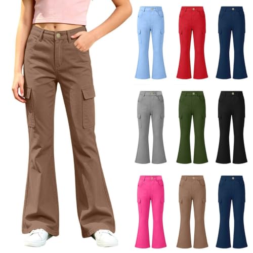 Girls Cargo Pants School Uniform Flare Pants High Waisted Trousers Khaki