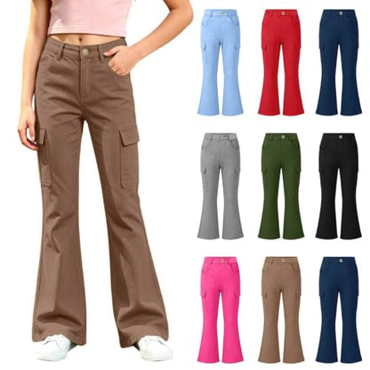 Girls Cargo Pants School Uniform Flare Pants High Waisted Trousers Khaki
