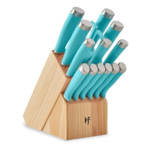 Hampton Forge Epicure Aqua 15-Piece Knife Set with Block | stainless steel, wood block | slip-resistant ergonomic handles | includes chef and slicing knives, knife block set