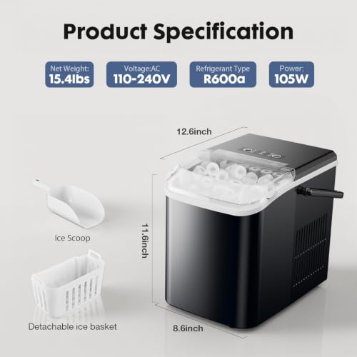 Sweetcrispy Quiet Countertop Ice Maker, Black