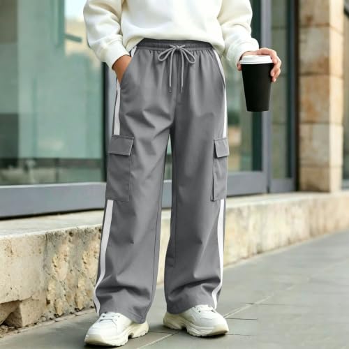 Boys Cargo Pants Elastic Waist Wide Leg Casual Pants with Pockets Gray